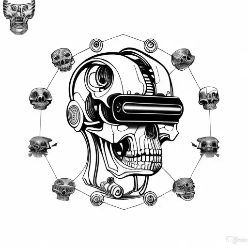 scary futuristic robotic skull shaded 45 degree side angle wears a virtual reality headset on top of its eyes  tattoo design idea