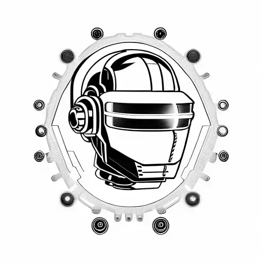 scary futuristic robotic skull smile daft punk 45 degree side angle wears a virtual reality headset on top of its eyes  tattoo design idea