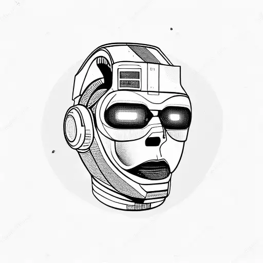 Futuristic Robotic Head Wearing A Virtual Reality Headset Tilted 45 Degree Angle To A Side tattoo design idea