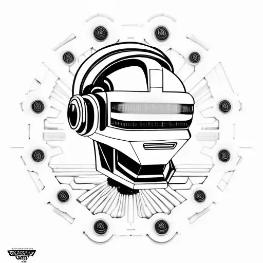 scary futuristic robotic skull smile daft punk 45 degree side angle wears a virtual reality headset on top of its eyes  tattoo design idea