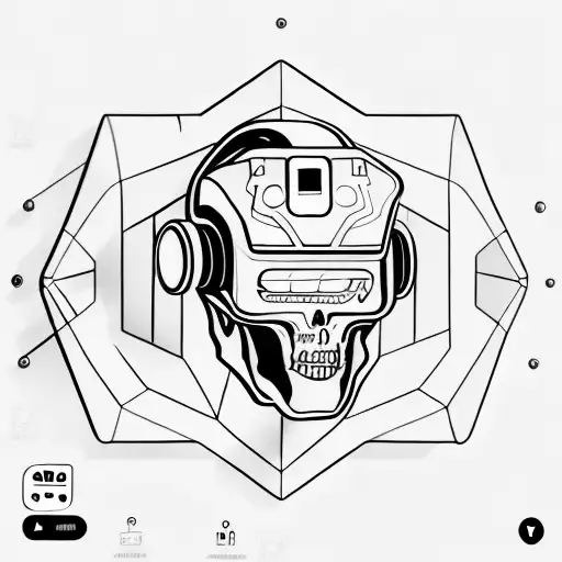 scary futuristic robotic skull 45 degree side angle wears a virtual reality headset on top of its eyes  tattoo design idea