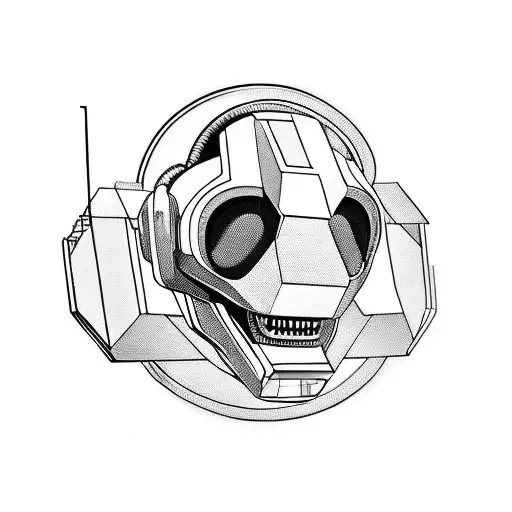scary futuristic robotic skull smile daft punk 45 degree side angle wears a virtual reality headset on top of its eyes  tattoo design idea