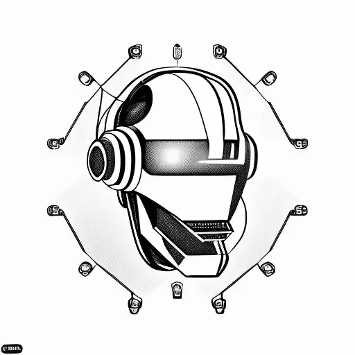 scary futuristic robotic skull smile daft punk 45 degree side angle wears a virtual reality headset on top of its eyes  tattoo design idea