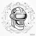 futuristic robotic skull as daft punk 45 degree angle to a side wearing a virtual reality headset on top of its eyes  tattoo design idea