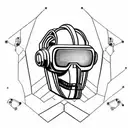 futuristic robotic skull as daft punk 45 degree angle to a side wearing a virtual reality headset on top of its eyes  tattoo design idea