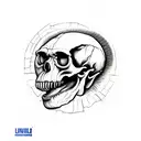 Australopithecus hominid nonhuman skull with big lower jaw and fangs 45 degree angle to a side caveman brow tattoo design idea