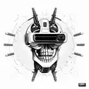 scary futuristic robotic skull shaded 45 degree side angle wears a virtual reality headset on top of its eyes  tattoo design idea