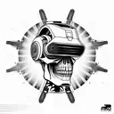 scary futuristic robotic skull shaded 45 degree side angle wears a virtual reality headset on top of its eyes  tattoo design idea