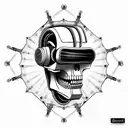 scary futuristic robotic skull shaded 45 degree side angle wears a virtual reality headset on top of its eyes  tattoo design idea