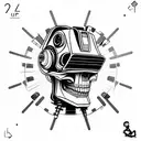 scary futuristic robotic skull shaded 45 degree side angle wears a virtual reality headset on top of its eyes  tattoo design idea