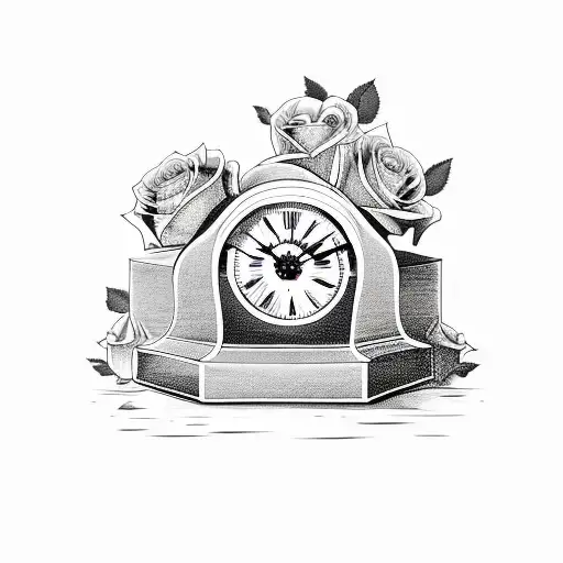 clock with roses and a coffin tattoo design idea