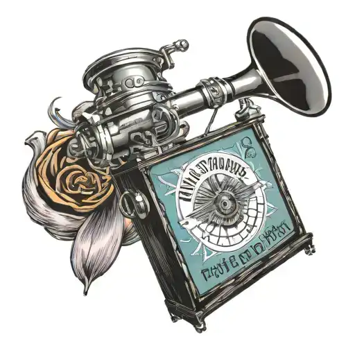 Grammophon with tnt time bomb and banner with text when the music hits i feel no pain at all tattoo design idea
