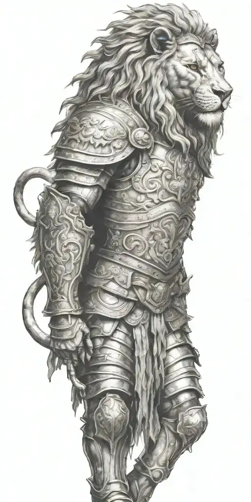 Lion Head Consist Full Body of a warrior , Luxury armour, fighting in Colosseum ,  with spartanian helmet  tattoo design idea