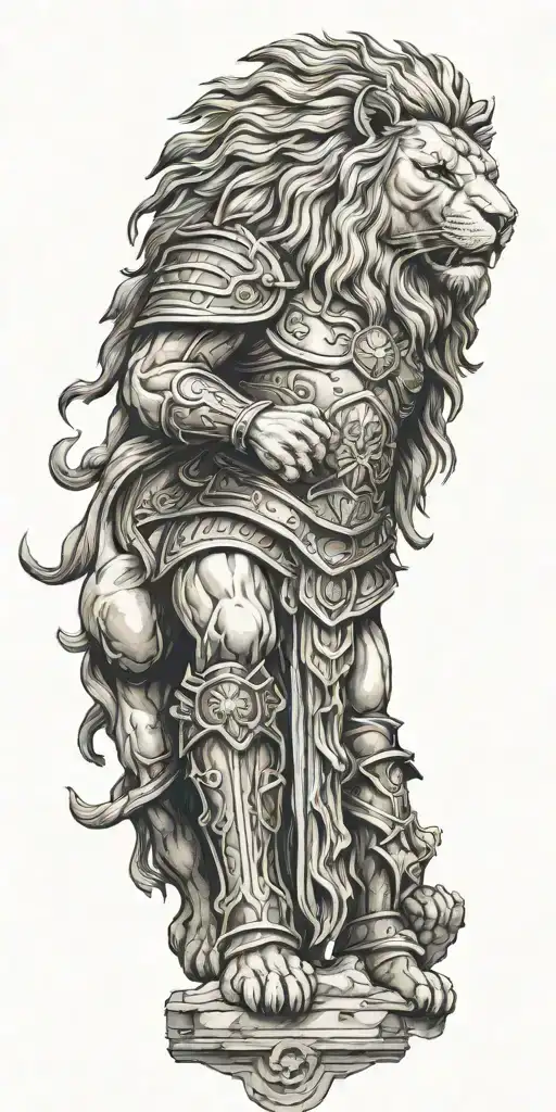 Lion Head Consist Full Body of a warrior , Luxury armour, backround in Colosseum ,  attacking a Enemy  tattoo design idea