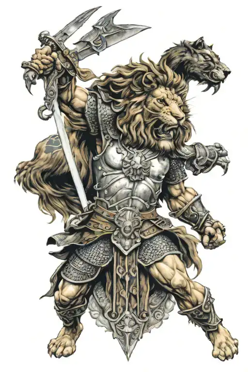 a warrior with a head of a lion and Body of a Human, wirh mucles and spartanian armour,  tattoo design idea