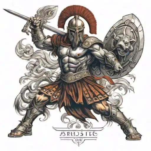 Ares, the Greek god of war, in a fierce battle stance with a lion head helmet tattoo design idea