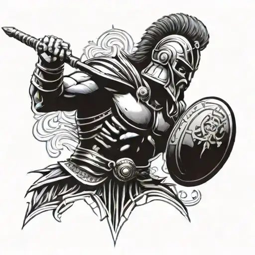 Ares, the Greek god of war, in a fierce battle stance with a lion head helmet tattoo design idea