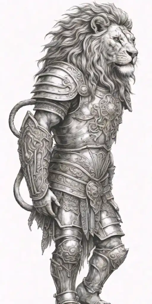 Lion Head Consist Full Body of a warrior , Luxury armour, backround in Colosseum ,  attacking a Enemy  tattoo design idea