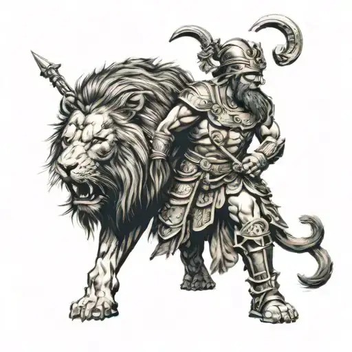 The greek god of war Ares his head Lion , full body view , Body Human  tattoo design idea