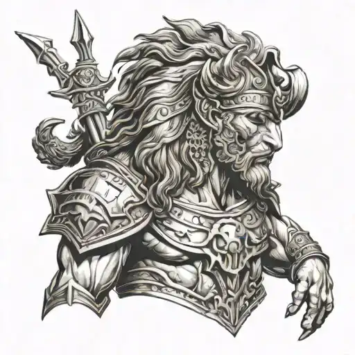 The greek god of war Ares his head Lion , full body view , tattoo design idea
