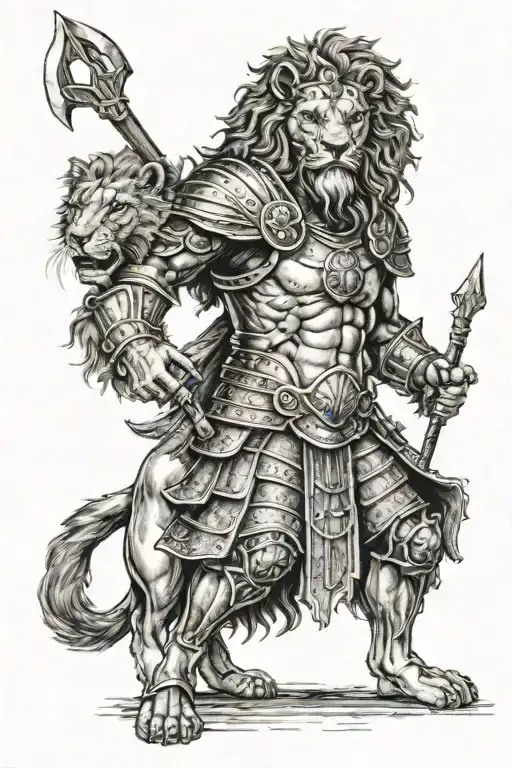 a warrior with a head of a lion and Body of a Human, with mucles and spartanian armour,  tattoo design idea