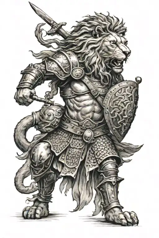 a warrior with a head of a lion and Body of a Human, with mucles and spartanian armour,  tattoo design idea