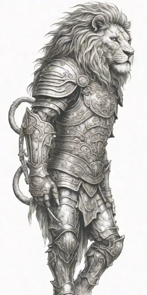 Lion Head Consist Full Body of a warrior , Luxury armour, fighting in Colosseum ,  tattoo design idea