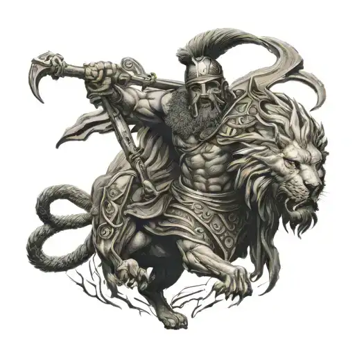The greek God ares god of war his head Lion , Full Body  tattoo design idea