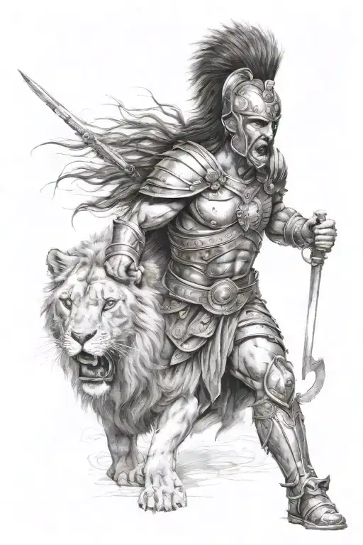 spartian warrior Mixed with Head of a Lion, with attacking fighting Position   tattoo design idea