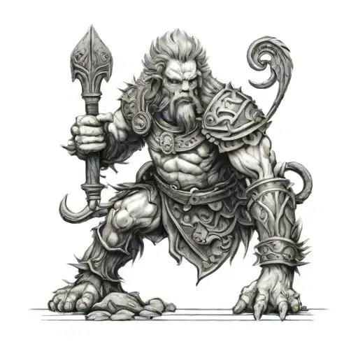 The greek god of war Ares his head Lion , full body view  tattoo design idea