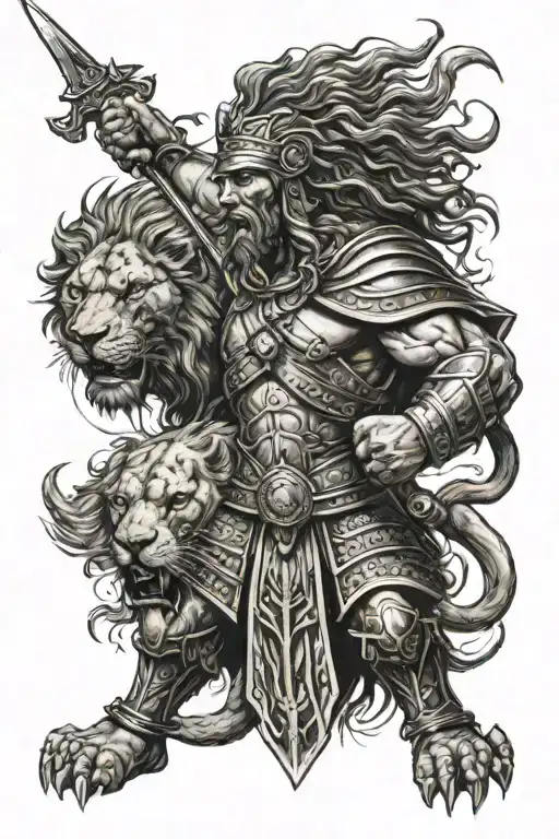 spartian warrior combined with Head of a Lion, attacking Other warrior  tattoo design idea