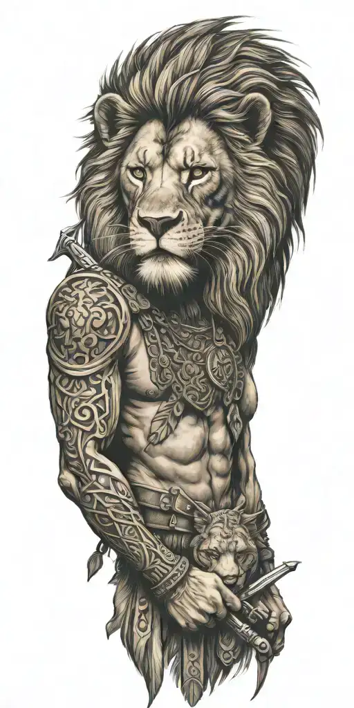 Lion Head Consist Body of a warrior , Holding a weapon  tattoo design idea