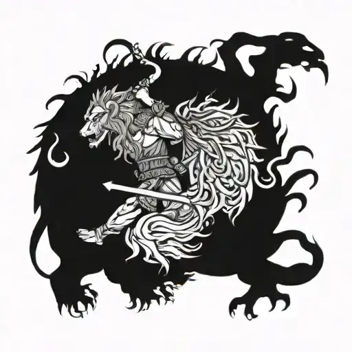 A Viking warrior battling a fierce lion in a dark and mystical forest tattoo design idea