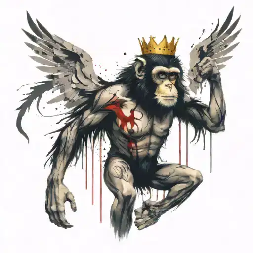 Chest tattoo with black angel wings and a monkey face in the middle with a crown on its head tattoo design idea