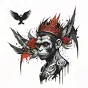 Chest tattoo with black angel wings and a monkey face in the middle with a crown on its head tattoo design idea