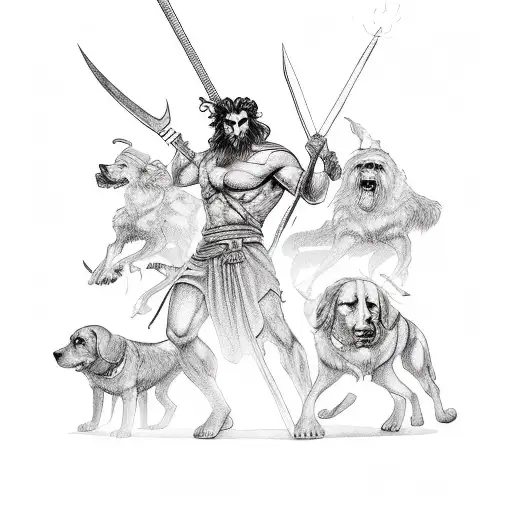 hades Greek god with fire in eyes and his guard dogs tattoo design idea