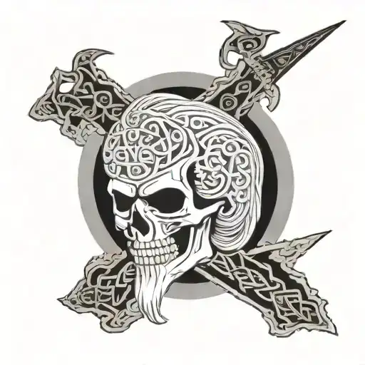 older celtic warrior, grey long hair, no beard, fu-manchu moustache, thrusting a long sword down through a skull tattoo design idea