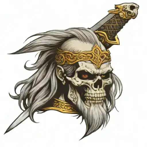 older celtic warrior, grey long hair, no beard, fu-manchu moustache, thrusting a long sword down through a skull tattoo design idea