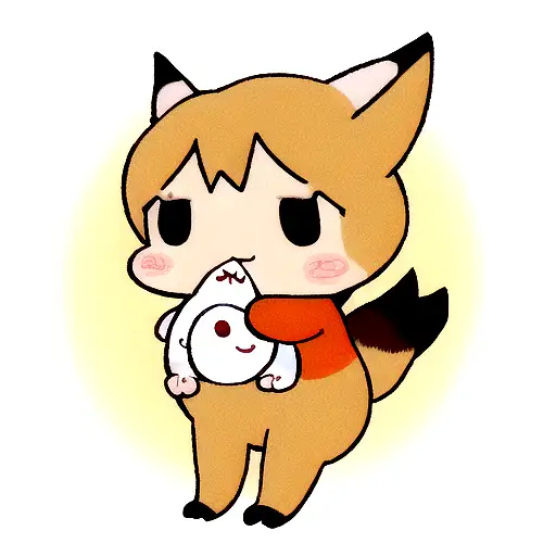 a small cute baby dino on two leg that has a sad face and is holding a fox plushie tattoo design idea