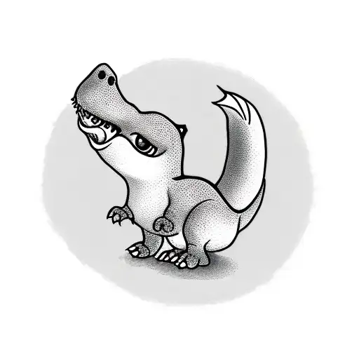 a small cute baby dino on two leg that has a sad face and is holding a fox plushie tattoo design idea
