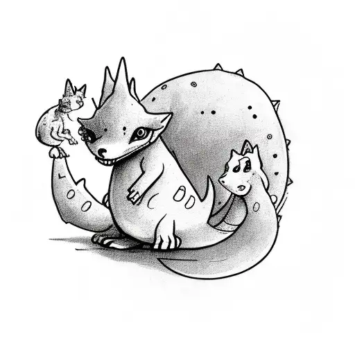 a small cute baby dino on two leg that has a sad face and is holding a fox plushie tattoo design idea