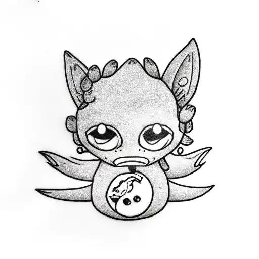 a small cute baby dino on two leg that has a sad face and is holding a fox plushie tattoo design idea