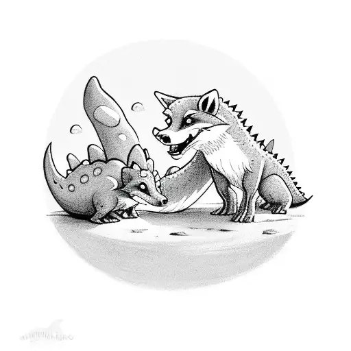 a baby dino and a baby fox being friends tattoo design idea