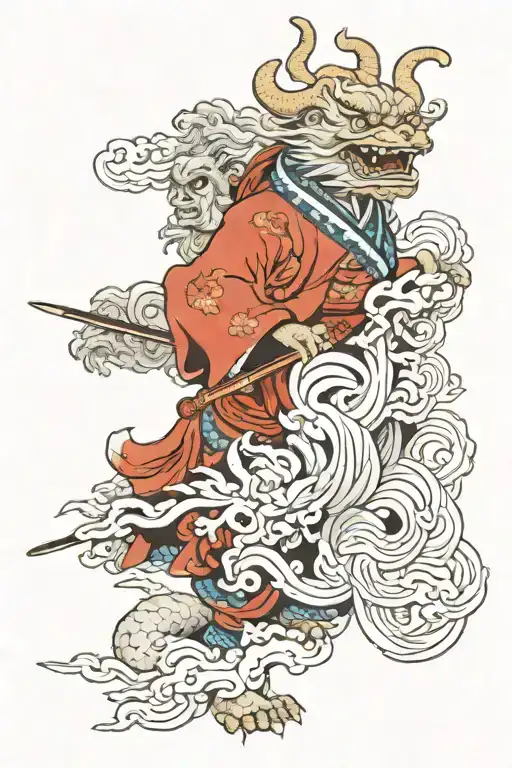 ox and foo dog and wind bar and samurai warrior tattoo design idea