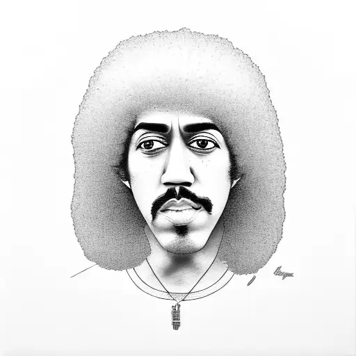 Create a minimalist portrait of Phil Lynott with his signature afro hairstyle tattoo design idea