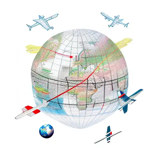 A globe with a trail of airplane routes connecting different continents tattoo design idea