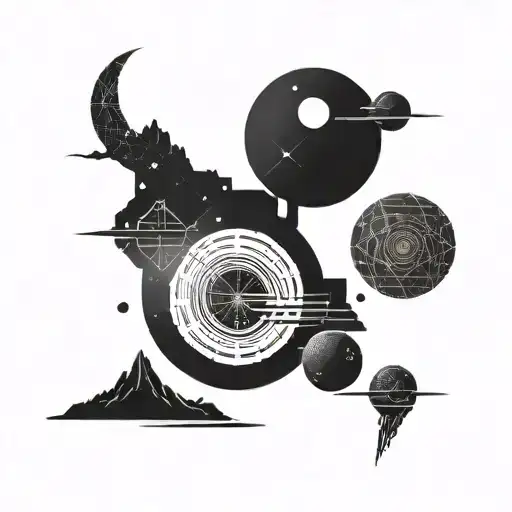 black and white minimalist space landscape tattoo featuring deserted hills tattoo design idea