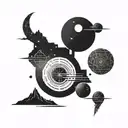 black and white minimalist space landscape tattoo featuring deserted hills tattoo design idea