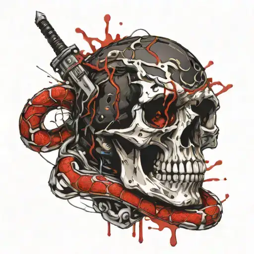 skull with snake wraped around a knife piercing tattoo design idea