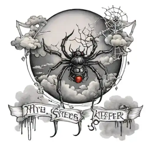black widow spider walking on webs in the air under words saying "my sisters keeper" infront clouds covering moon  tattoo design idea